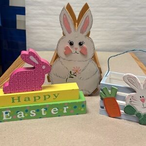 Lot Of 3 Wood Wooden Easter Spring Decorations Bunny Bunnies Holder Decor